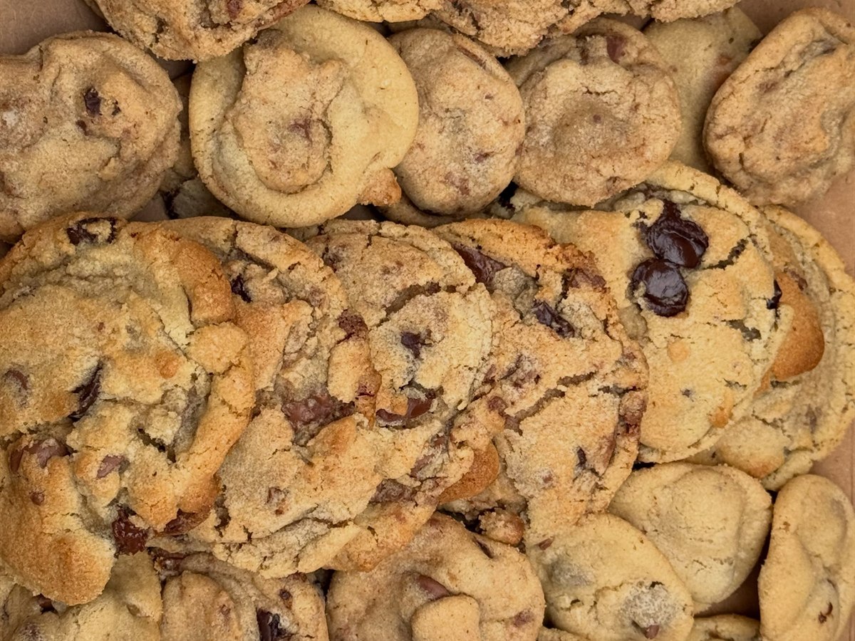 A box full of Green Goddess Goodies chocolate chip cookies